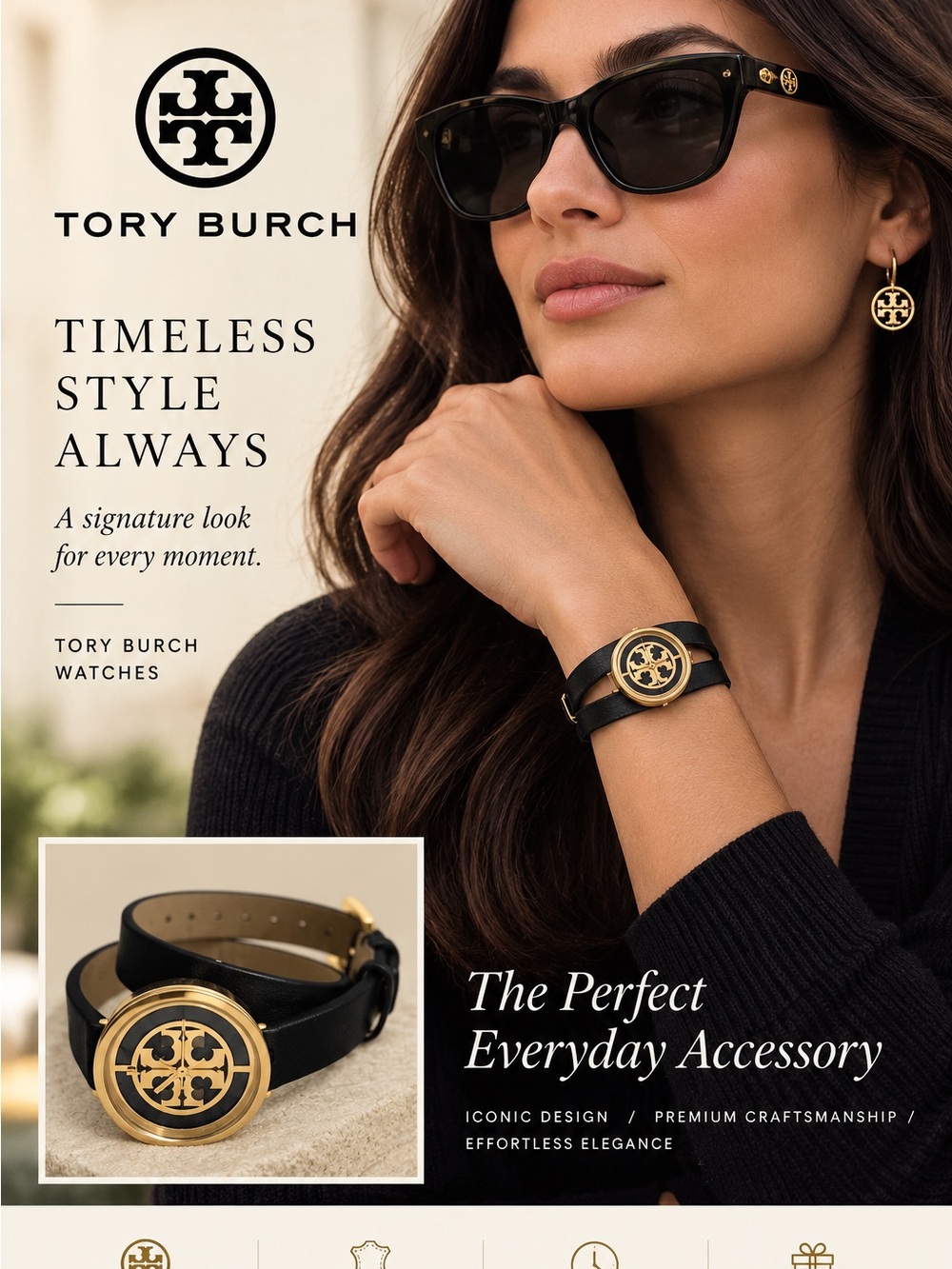 Tory Burch Gold Leather Wrap Bracelet Watch